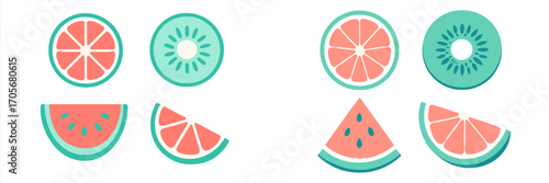 Colorful assortment of fresh fruit slices including watermelon, kiwi, and citrus fruits on a white background