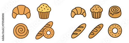 Delicious assortment of fresh baked goods including croissants, muffins, cinnamon rolls, baguettes, and bagels