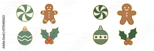 Festive Christmas holiday elements set featuring gingerbread man candy cane holly and decorative ornaments
