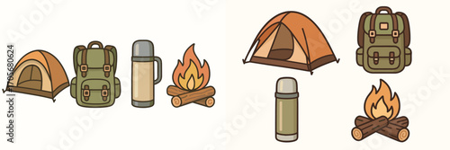 Collection of essential camping and outdoor adventure equipment including tents, backpacks, thermoses, and campfires