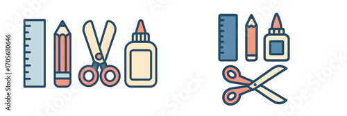 Assortment of essential school and craft supplies including a ruler, pencil, scissors, and glue bottle, commonly used for educational and creative projects
