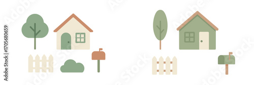 Collection of simple suburban house elements including trees, fences, bushes, and mailboxes in a charming flat graphic style