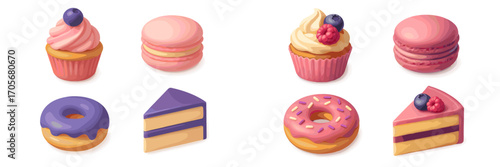 Delicious assortment of cupcakes, macarons, donuts, and cake slices featuring vibrant colors and sweet toppings