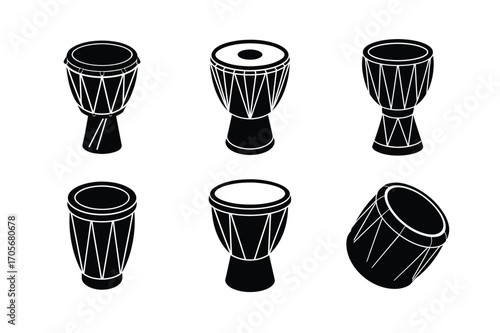 drum bundle set linocut style silhouette vector illustration on white background
