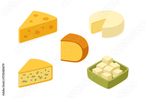 Assortment of various cheese types in an isometric view, including wedges, wheels, and cubes, dairy food products
