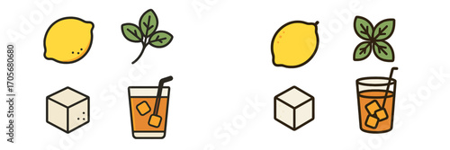 Refreshing iced tea ingredients with fresh lemons, green mint leaves, and white sugar cubes for summer beverages