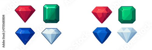 Assortment of vibrant faceted gemstones featuring classic diamond and emerald cuts in various colors