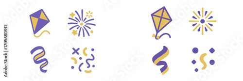 Vibrant festive celebration elements featuring kites, fireworks, and confetti streamers, perfect for parties, events, and holiday designs