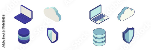 Isometric technology icons featuring laptops, cloud storage, database, and security shields for digital concepts and cybersecurity