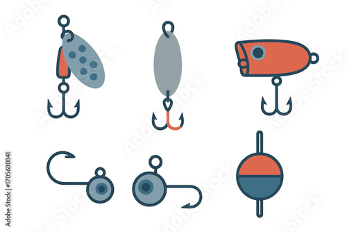 Assortment of fishing gear for recreational sport and outdoor activity featuring various lures and hooks