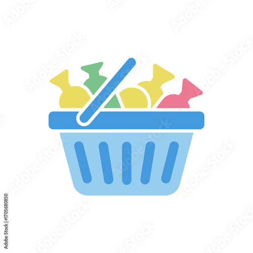 A colorful shopping basket filled with assorted candies and sweets.