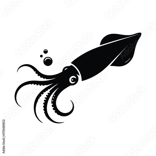 Striking Monochrome Illustration of a Squid with Bubbles Floating Nearby underwater creature design