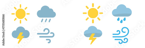 Modern weather forecast icons depicting various atmospheric conditions including sun, clouds, rain, lightning, and wind