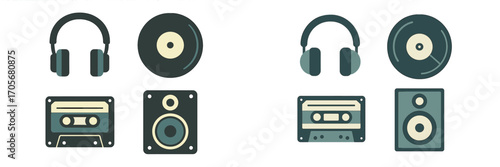 Retro music audio equipment icons featuring headphones, vinyl records, cassette tapes, and speakers