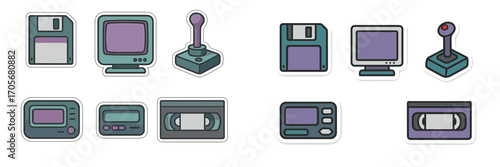 Collection of vintage computer hardware, video game controllers, and media storage devices from the 80s and 90s digital era
