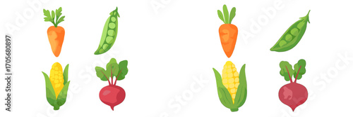 Fresh organic garden vegetables assortment with carrots, peas, corn, and beets for healthy cooking