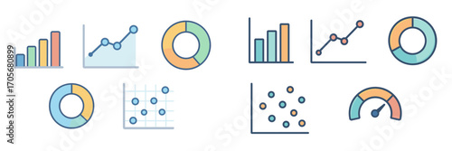 Colorful data visualization charts and graphs for business analytics and statistical reporting, including bar, line, pie, and scatter plots