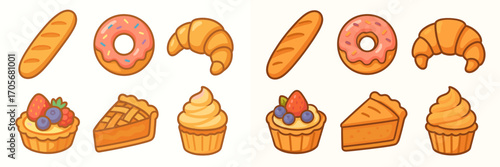 Variety of delicious bakery items including baguettes, frosted donuts, flaky croissants, berry tarts, pumpkin pie, and vanilla cupcakes