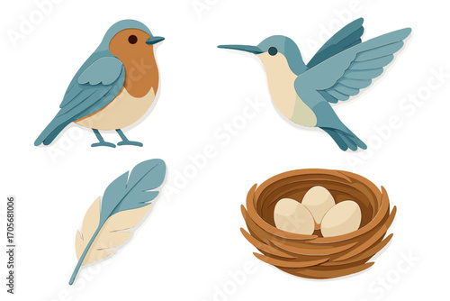 Charming paper cut style collection featuring two different birds, a delicate feather, and a cozy bird nest with eggs on a clean white background
