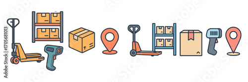 Logistics and warehouse equipment icons set with pallet jack, storage shelves, boxes, barcode scanner, and location pins for supply chain management