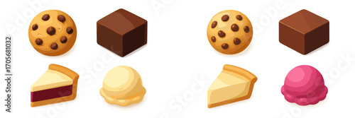 Delicious sweet desserts assortment featuring cookies, rich chocolate, creamy cheesecake, and colorful ice cream scoops
