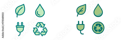 Sustainable energy and recycling symbols with green leaf and water drop icons representing environmental concepts and ecological awareness