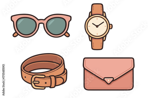 Stylish fashion accessories set featuring sunglasses, a classic wristwatch, a brown leather belt, and a pink clutch bag