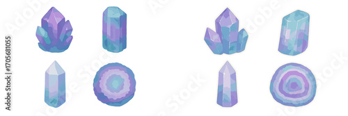 Vibrant purple and blue crystal clusters, faceted gemstones, and round geode slices with watercolor texture