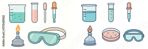 Essential scientific laboratory equipment and glassware set for chemistry experiments and research in a modern flat design