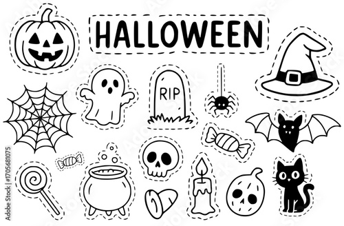 Halloween vector illustrations with different spiders, pumpkins and graves