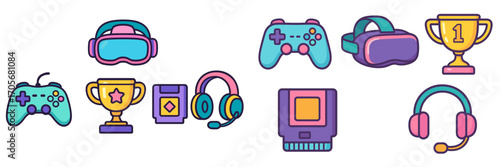 Modern colorful gaming accessories and esports equipment set including controllers headsets trophies and game cartridges