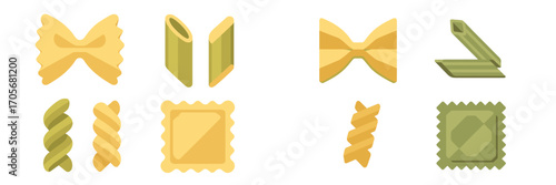 Assortment of traditional Italian pasta shapes including farfalle, penne, fusilli, and ravioli in yellow and green colors