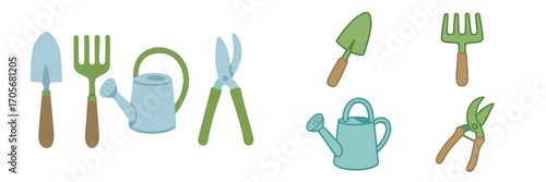 Essential gardening tools for spring and summer garden work: shovel, rake, watering can, pruning shears