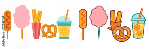 Popular amusement park snacks including corn dogs, cotton candy, french fries, pretzels, and lemonade
