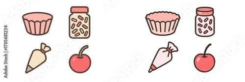 Collection of sweet dessert baking ingredients and tools including cupcake liners sprinkles piping bags and fresh cherries