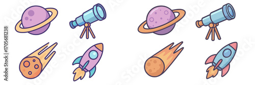 Astronomy and space exploration icons with planets, telescopes, rockets, and comets for cosmic themes