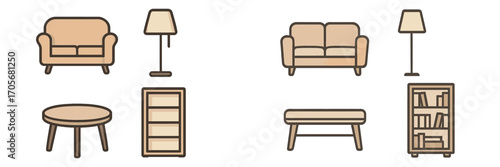 Contemporary home interior furniture set featuring sofa, armchair, floor lamp, coffee table, and bookshelf elements