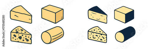 Collection of various cheese types including wedges, blocks, and cylinders with distinct textures and appearances