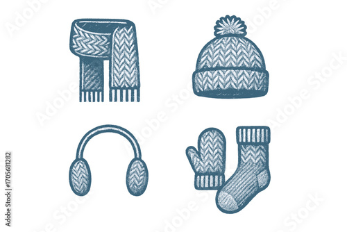 Cozy knitted winter clothing accessories set including scarf, beanie hat, earmuffs, mittens, and warm sock