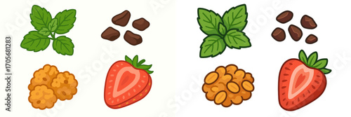 Fresh mint leaves, chocolate chips, ripe strawberries, and crunchy peanut clusters on white background