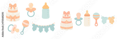 Adorable baby care collection with diaper cakes, pacifiers, feeding bottles, rattles, and bodysuits for newborns