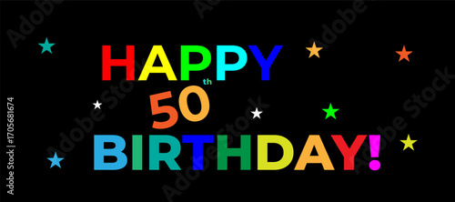 Elegant 50th Birthday Greeting Image with Colorful Stars on Black Background
