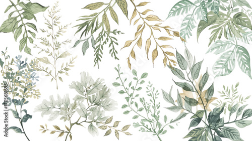 Watercolor Botanical Illustration Collection of Greenery and Foliage