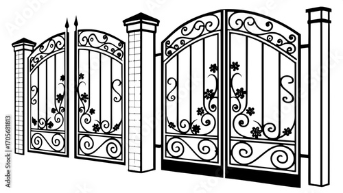 Four ornate wrought-iron gates in art nouveau style, flat black silhouettes with floral scrolls.