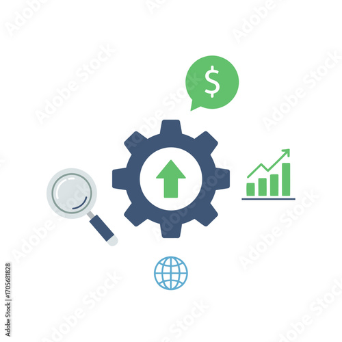 Business Growth Strategy with Gear, Magnifying Glass, and Chart.