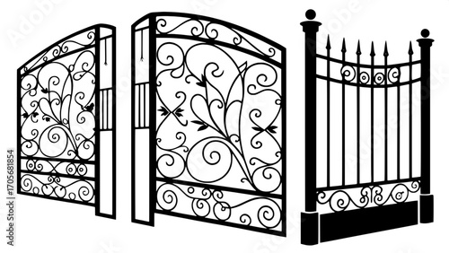 Four ornate wrought-iron gates in art nouveau style, flat black silhouettes with floral scrolls.