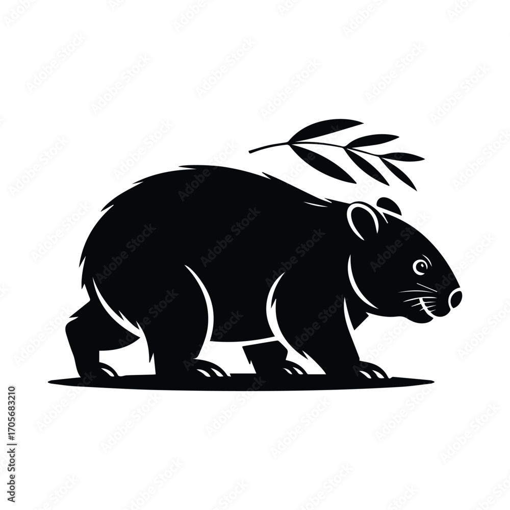 Fototapeta premium Stylized Beaver Icon with Branch Black and White Illustration Rodent Symbol
