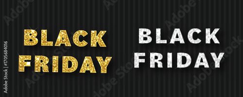 A set of two elegant "Black Friday" titles, one with gold and one with silver glitter texture. Perfect for luxury sale banners, social media or advertising.