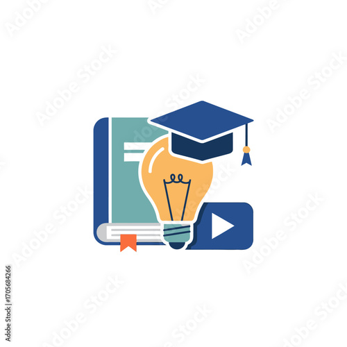 Education - Book, Lightbulb, Graduation Cap, and Play Button.