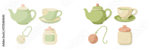 Collection of pastel colored tea ceremony items with teapots, cups, infusers, and storage jars